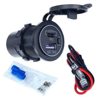 USB-Doppelsteckdose 12V /24V, USB-A 18W + USB-C 65W - Kfz-Schnellladeadapter