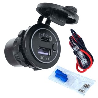 USB-Doppelsteckdose 12V/24V 2x 18W USB-A + USB-C Kfz-Ladeadapter mit Abdeckung